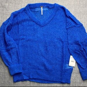 Free People Size XS Oversize V-Neck Sweater Blue Parrot